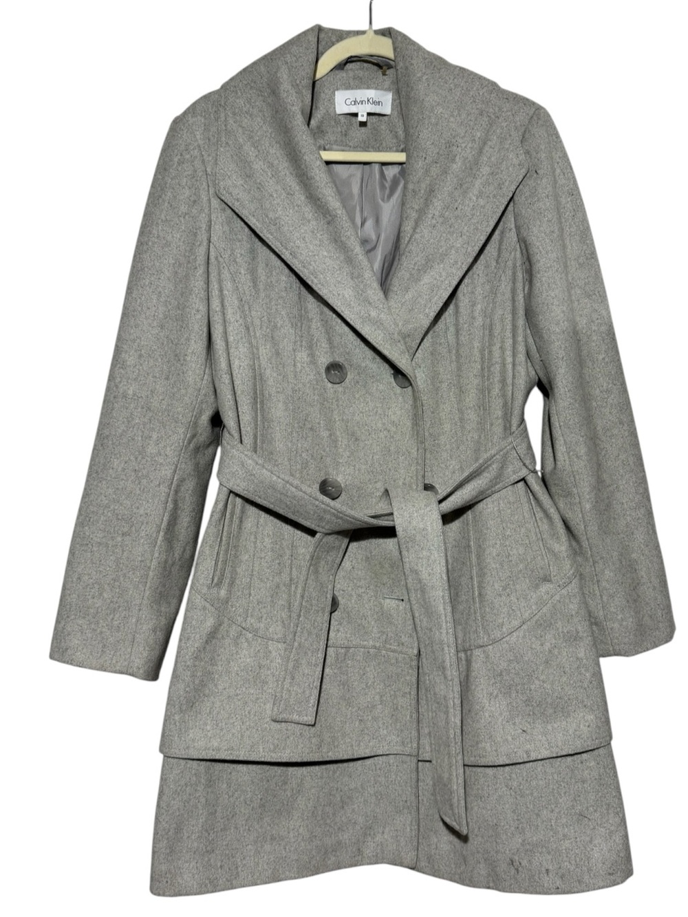 Calvin Klein Wool Pea Coat Size 10 Light Gray Belted Winter Classy Old Money